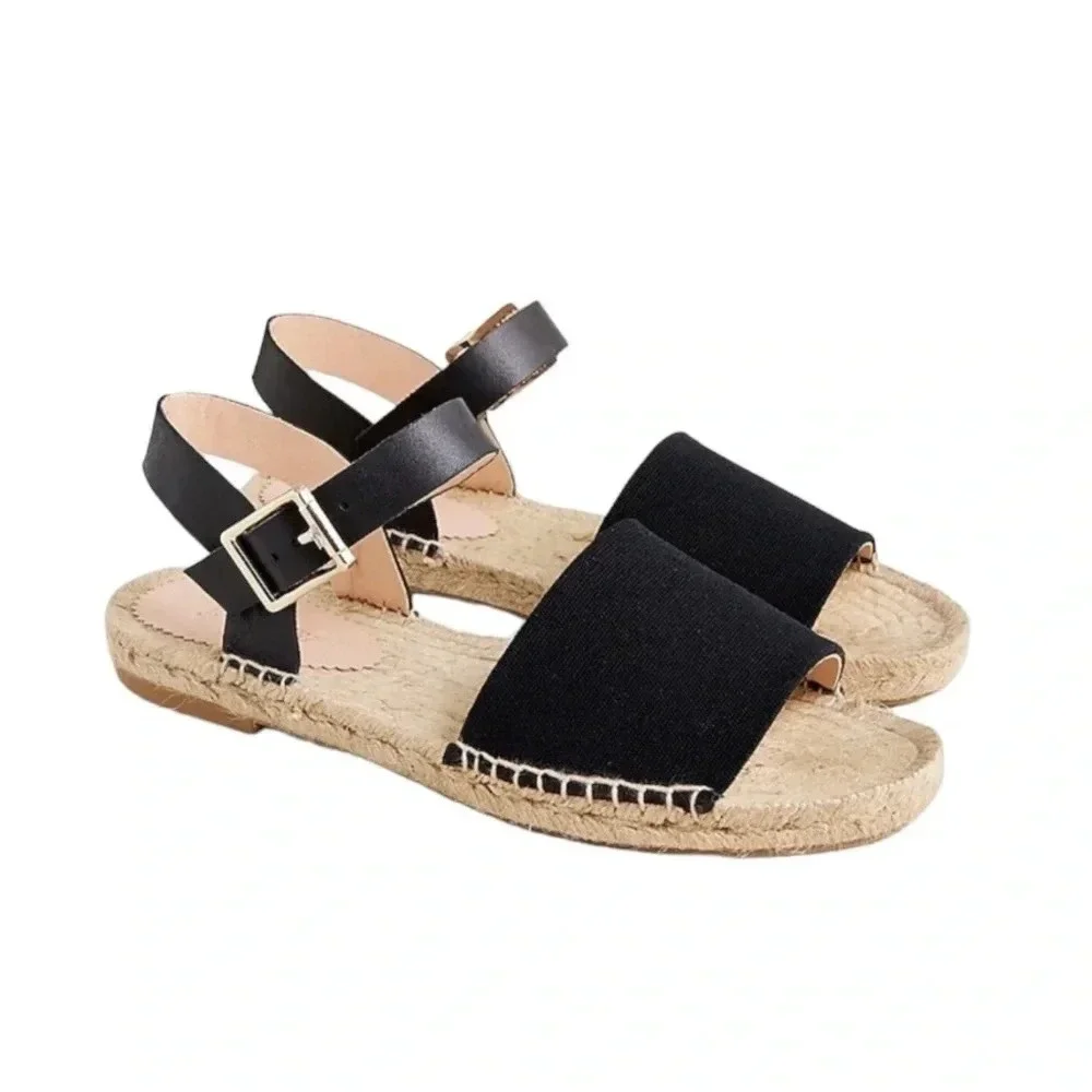 J. Crew Leather and Canvas Made in Spain ankle strap espadrille Black Size 5 NWT